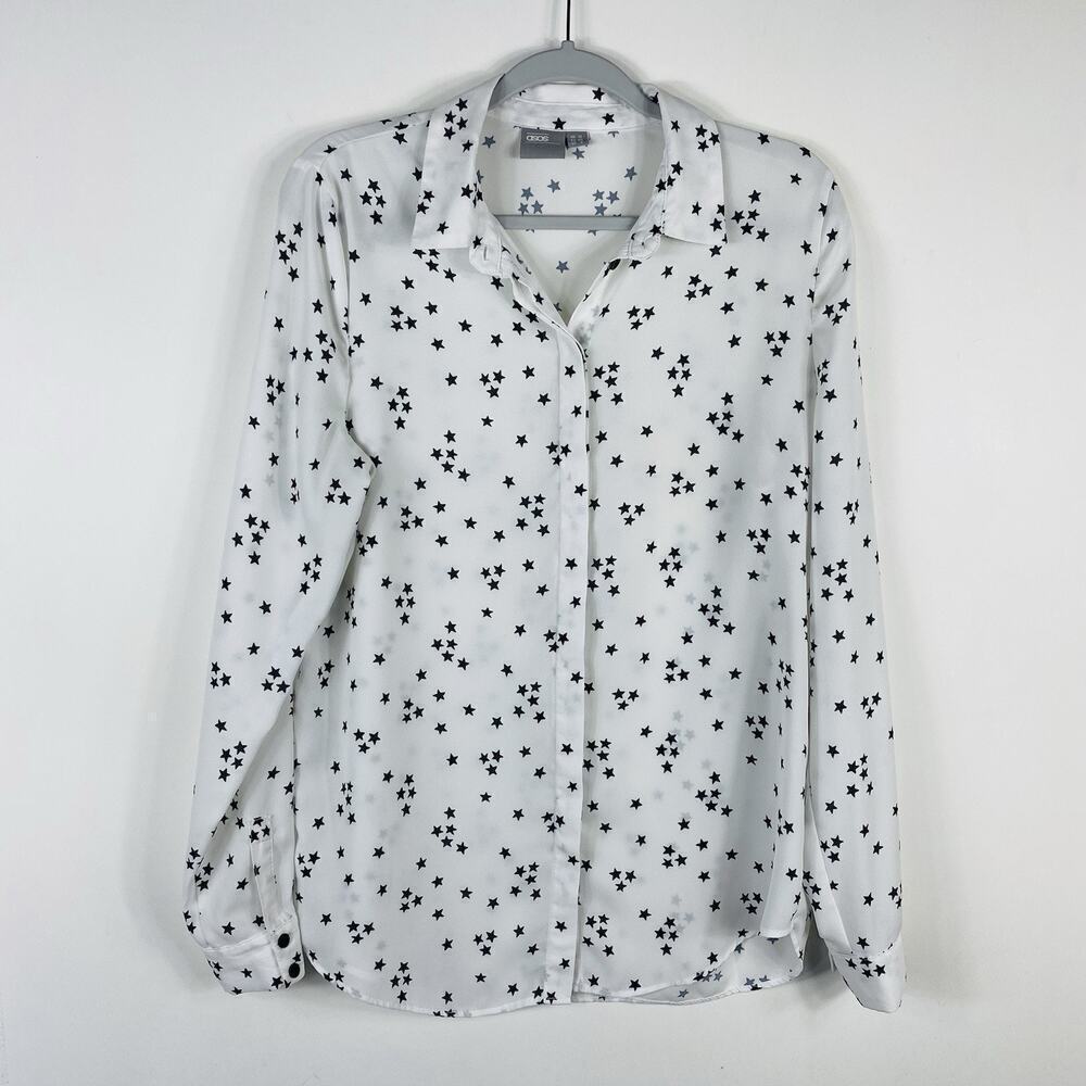 Asos Size US 8 Stars Print Long Sleeve Button Blouse Top White